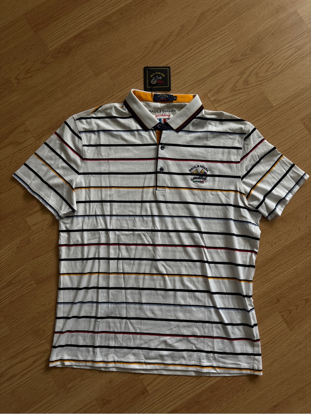 Paul & Shark White Striped Polo with Navy, Red and Yellow Accents